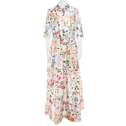 Pre Owned Osca De La Renta White Floral Printed Belted Maxi Dress L