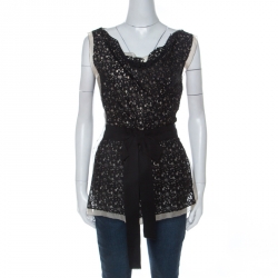 Pre Owned Oscar de la Renta Black Lace Bow Detail Sleeveless Top L