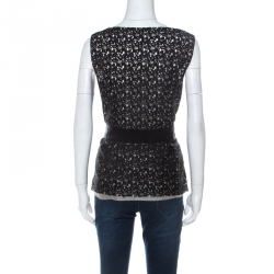 Pre Owned Oscar de la Renta Black Lace Bow Detail Sleeveless Top L