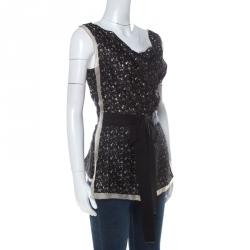 Pre Owned Oscar de la Renta Black Lace Bow Detail Sleeveless Top L
