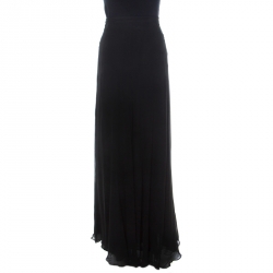 Pre Owned Oscar de la Renta Black Crinkle Chiffon Maxi Skirt L