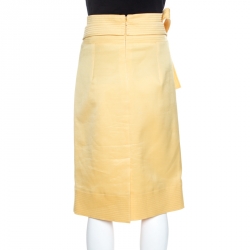 Pre Owned Oscar de la Renta Yellow Silk Waist Tie Detail Pencil Skirt M