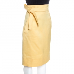 Pre Owned Oscar de la Renta Yellow Silk Waist Tie Detail Pencil Skirt M