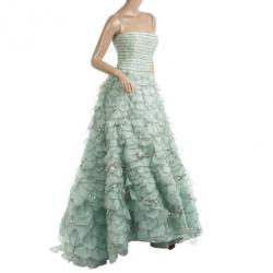 Pre Owned Oscar De La Renta Blue Sequined Silk Resort 2012 Evening Gown S