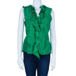 Pre Owned Oscar De La Renta Emerald Ruffle Satin Sleeveless Top L