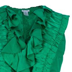 Pre Owned Oscar De La Renta Emerald Ruffle Satin Sleeveless Top L