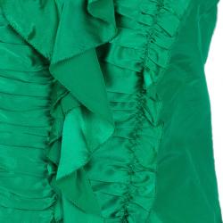 Pre Owned Oscar De La Renta Emerald Ruffle Satin Sleeveless Top L
