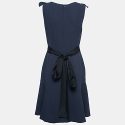 Oscar de la Renta Navy Blue Wool Ruffled Belted Midi Dress M