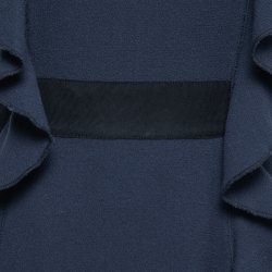 Oscar de la Renta Navy Blue Wool Ruffled Belted Midi Dress M