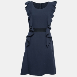 Oscar de la Renta Navy Blue Wool Ruffled Belted Midi Dress M