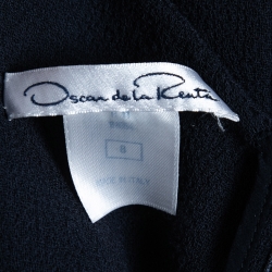 Oscar de la Renta Navy Blue Wool Ruffled Belted Midi Dress M