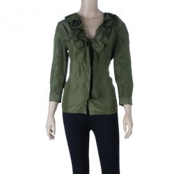 Pre Owned Oscar de la Renta Olive Green Silk Ruffle Top XL