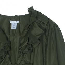 Pre Owned Oscar de la Renta Olive Green Silk Ruffle Top XL