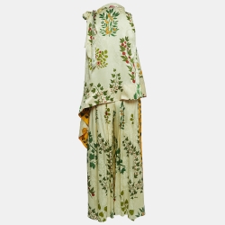 Pre Owned Oscar de la Renta Cream Floral Print Silk Asymmetrical Top and Trousers Set M