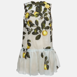 Pre Owned Oscar de la Renta Blue Embroidered Silk Blend Ruffle Hem Shift Dress M