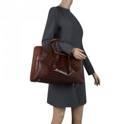 Pre Owned Oscar De La Renta Brown Croc Embossed Leather Tote