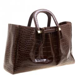 Pre Owned Oscar De La Renta Brown Croc Embossed Leather Tote