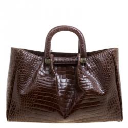 Pre Owned Oscar De La Renta Brown Croc Embossed Leather Tote