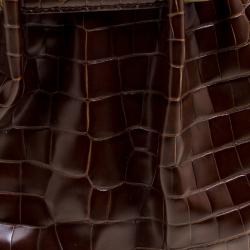 Pre Owned Oscar De La Renta Brown Croc Embossed Leather Tote