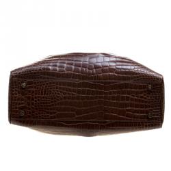 Pre Owned Oscar De La Renta Brown Croc Embossed Leather Tote