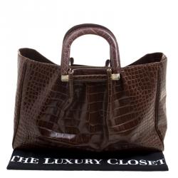 Pre Owned Oscar De La Renta Brown Croc Embossed Leather Tote