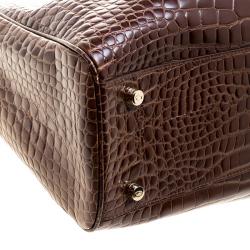 Pre Owned Oscar De La Renta Brown Croc Embossed Leather Tote