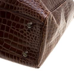 Pre Owned Oscar De La Renta Brown Croc Embossed Leather Tote