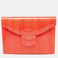 Oscar De La Renta Orange Watersnake Leather Small Grafton Clutch