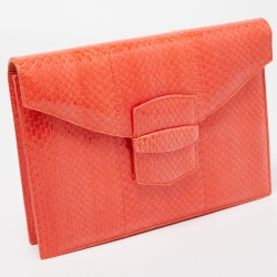 Pre Owned Oscar De La Renta Orange Watersnake Leather Small Grafton Clutch