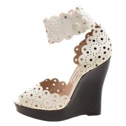 Pre Owned Oscar de la Renta Off-White Laser Cut Leather Hariet Wedge Sandals Size 39