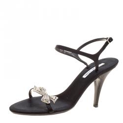 Pre Owned Oscar De La Renta Black Satin Crystal Bow Embellished Ankle Strap Sandals Size 37