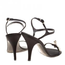 Pre Owned Oscar De La Renta Black Satin Crystal Bow Embellished Ankle Strap Sandals Size 37