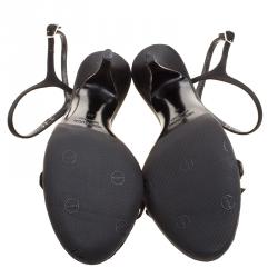 Pre Owned Oscar De La Renta Black Satin Crystal Bow Embellished Ankle Strap Sandals Size 37