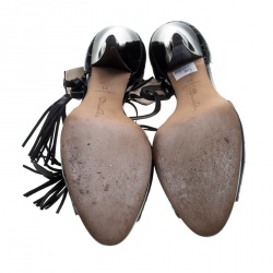 Oscar De La Renta Black Patent Leather Peep Toe Ankle Cuff Platform Sandals Size 41