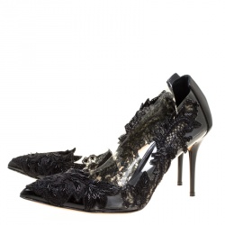 Pre Owned Oscar de la Renta Black Patent Leather and PVC Alyssa Embroidered Pumps Size 38