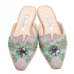 Pre Owned Oscar de la Renta Multicolor Canvas Embroidered Spanish Flat Mules Size 38