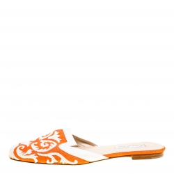 Pre Owned Oscar de la Renta Orange Embroidered Raffia Flat Mules Size 40