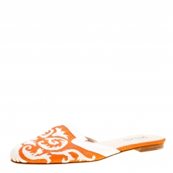 Pre Owned Oscar de la Renta Orange Embroidered Raffia Flat Mules Size 40