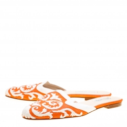 Pre Owned Oscar de la Renta Orange Embroidered Raffia Flat Mules Size 40