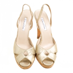 Pre Owned صندل أوسكار دي لا رينتا فتحة كعب نعل سميك كعب فيلين جلد ذهبي ميتالك مقاس 37.5