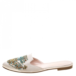 Pre Owned Oscar De La Renta Beige Embellished Satin Calista Flat Mules Size 41