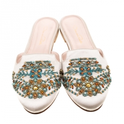 Pre Owned Oscar De La Renta Beige Embellished Satin Calista Flat Mules Size 41