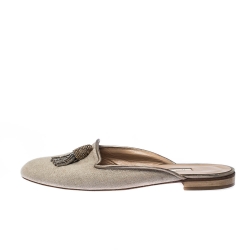 Pre Owned Oscar de la Renta Grey Embellished Canvas Slides Mules Size 41