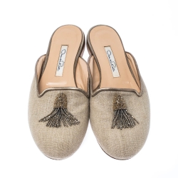 Pre Owned Oscar de la Renta Grey Embellished Canvas Slides Mules Size 41