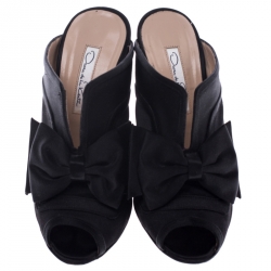 Pre Owned Oscar de la Renta Black Satin Marilous Bow Open Toe Mules Size 36