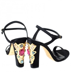 Pre Owned Oscar de la Renta Black Satin Lemmy Embellished Ankle Strap Sandals Size 37