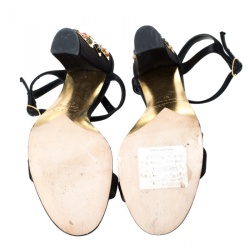 Pre Owned Oscar de la Renta Black Satin Lemmy Embellished Ankle Strap Sandals Size 37