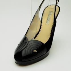 Pre Owned Oscar De La Renta Black Leather & Suede Peep Toe Platform Slingback Sandals Size 40
