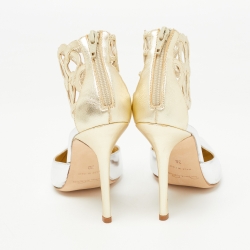 Pre Owned Oscar de la Renta Metallic Gold/Silver Leather Pointed Toe Ankle Strap Pumps Size 38