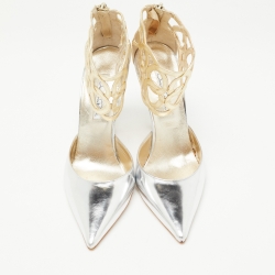 Pre Owned Oscar de la Renta Metallic Gold/Silver Leather Pointed Toe Ankle Strap Pumps Size 38